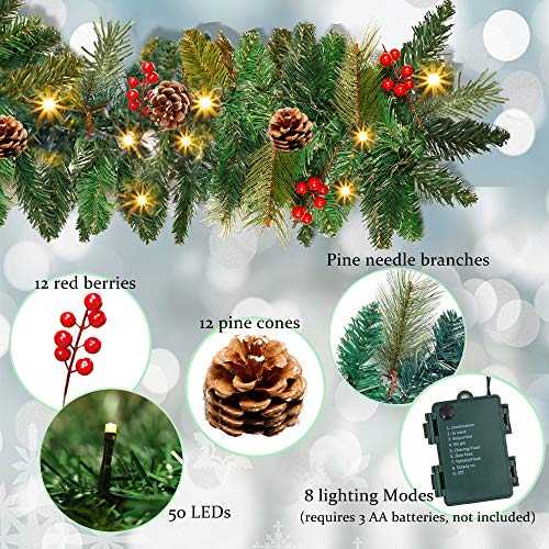 9-Foot Battery-Operated Christmas Mild Garland with Pine Cones – Pre-Lit Vacation Wreath for Indoor Winter House Decorations for New 12 months and Christmas