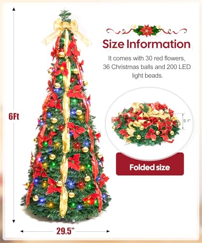 Decoway 6FT Pre-Lit and Pre-Adorned Pop-Up Christmas Tree with Distant Management, That includes Heat White and Colourful LED Lights for Vacation Get together Decorations in Crimson and Gold