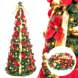 Decoway 6FT Pre-Lit and Pre-Adorned Pop-Up Christmas Tree with Distant Management, That includes Heat White and Colourful LED Lights for Vacation Get together Decorations in Crimson and Gold