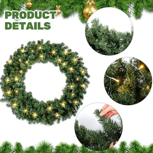 Dingion 11-Piece Outside Christmas Wreath and Garland Set - Options 48-Inch Pre-Lit Big Wreath, 33ft Garland, 2 String Lights, and seven Vacation Bows for Entrance Door Ornament