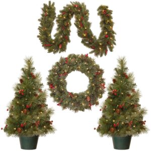 Nationwide Tree Firm Pre-lit White LED Vacation Lights Set – 4-Piece Garland, Wreath, and Pair of Entrance Timber, Inexperienced