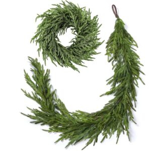 Norfolk Pine Christmas Garland and Wreath Set – 24-Inch Inexperienced Wreath and 6-Foot Synthetic Garland for Vacation Indoor Mantle Ornament