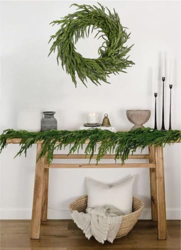 Norfolk Pine Christmas Garland and Wreath Set - 24-Inch Inexperienced Wreath and 6-Foot Synthetic Garland for Vacation Indoor Mantle Ornament