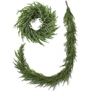 Lifelike Norfolk Pine Christmas Garland and Wreath Set: 24-Inch Inexperienced Wreath and 9-Foot Synthetic Garland for Indoor Vacation Mantle Ornament